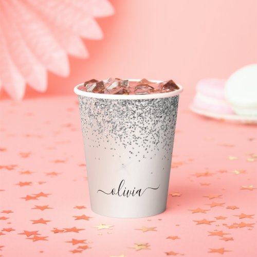 Rose Gold _ Blush Pink Silver Glitter Monogram Paper Cups