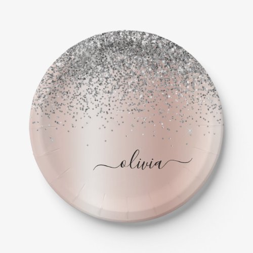 Rose Gold _ Blush Pink Silver Glitter Monogram Paper Plates