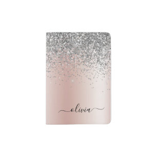 Rose Gold - Blush Pink Silver Glitter Monogram Passport Holder