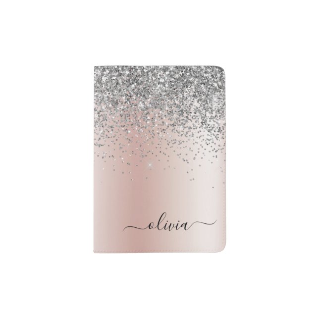 Rose Gold - Blush Pink Silver Glitter Monogram Passport Holder (Front)
