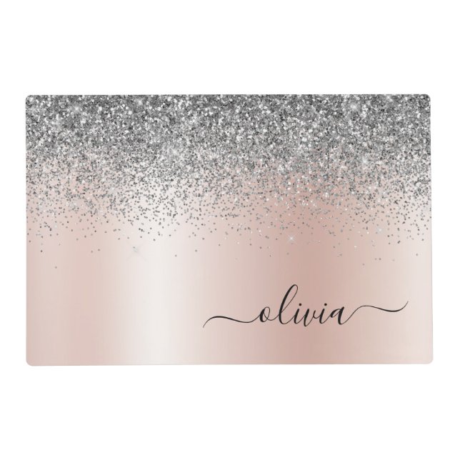 Rose Gold - Blush Pink Silver Glitter Monogram Placemat (Front)