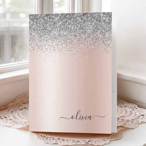 Rose Gold _ Blush Pink Silver Glitter Monogram Pocket Folder