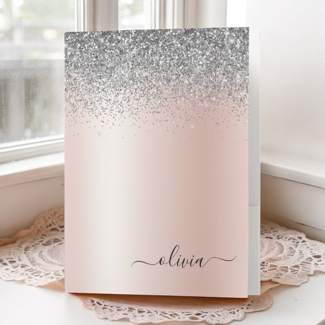 Rose Gold - Blush Pink Silver Glitter Monogram Pocket Folder (Creator Uploaded)
