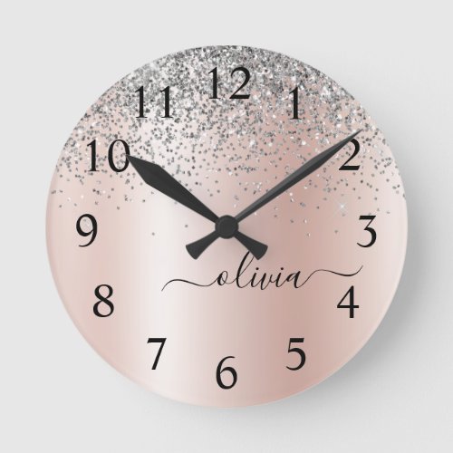 Rose Gold _ Blush Pink Silver Glitter Monogram Round Clock