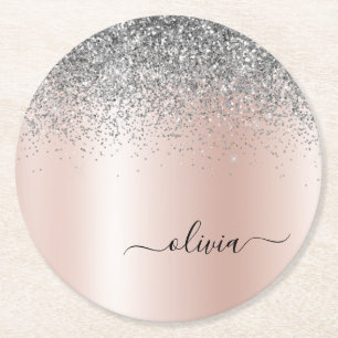 Rose Gold - Blush Pink Silver Glitter Monogram Round Paper Coaster