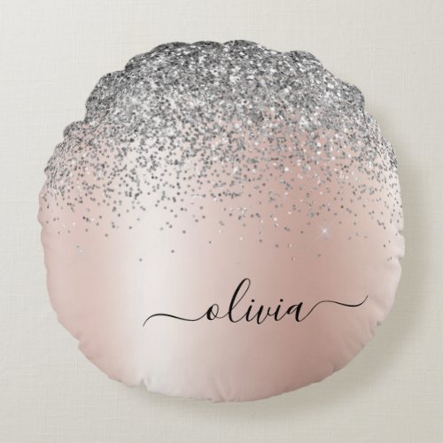 Rose Gold _ Blush Pink Silver Glitter Monogram Round Pillow