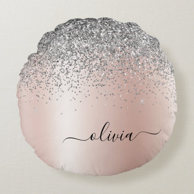 Rose Gold - Blush Pink Silver Glitter Monogram Round Pillow (Front)