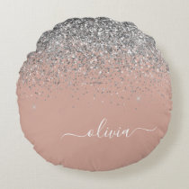 Rose Gold Blush Pink Silver Glitter Monogram Round Pillow