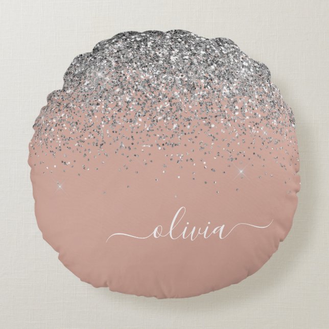 Rose Gold Blush Pink Silver Glitter Monogram Round Pillow (Front)