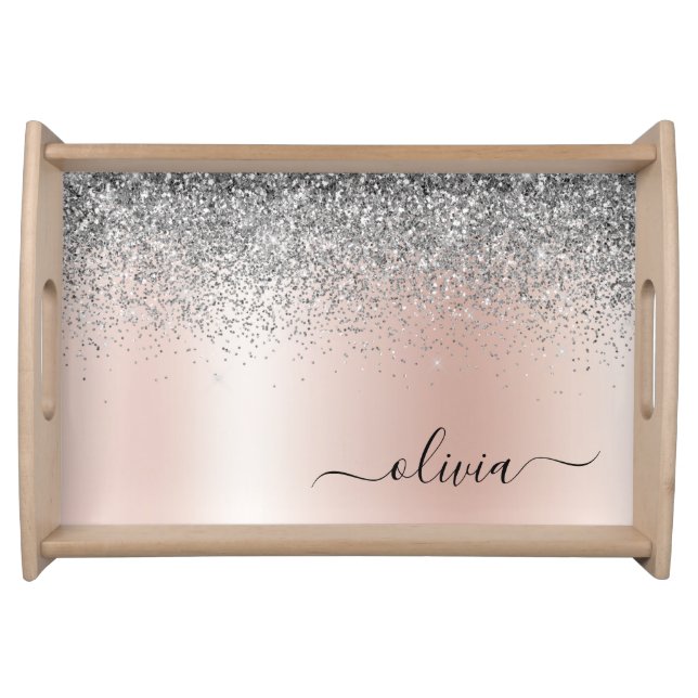 Rose Gold - Blush Pink Silver Glitter Monogram Serving Tray (Front)