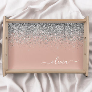 Rose Gold Blush Pink Silver Glitter Monogram Serving Tray
