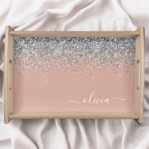 Rose Gold Blush Pink Silver Glitter Monogram Serving Tray