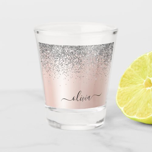 Rose Gold _ Blush Pink Silver Glitter Monogram Shot Glass