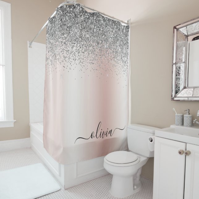 Rose Gold - Blush Pink Silver Glitter Monogram Shower Curtain (In Situ)