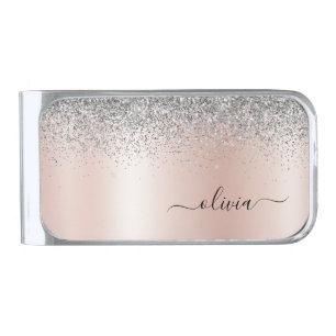 Rose Gold - Blush Pink Silver Glitter Monogram Silver Finish Money Clip