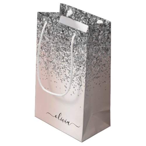 Rose Gold _ Blush Pink Silver Glitter Monogram Small Gift Bag