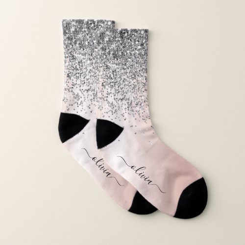 Rose Gold _ Blush Pink Silver Glitter Monogram Socks