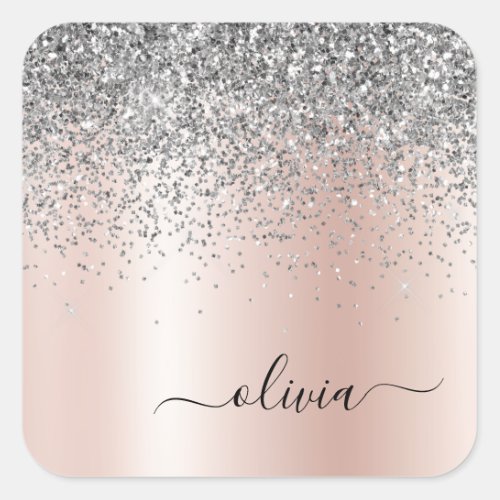 Rose Gold _ Blush Pink Silver Glitter Monogram Square Sticker