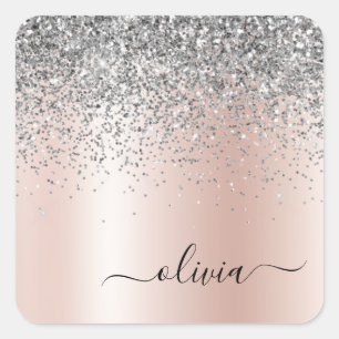 Rose Gold - Blush Pink Silver Glitter Monogram Square Sticker