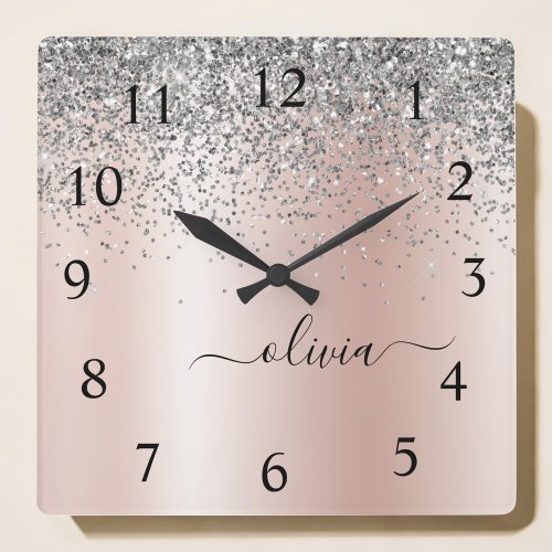 Rose Gold _ Blush Pink Silver Glitter Monogram Square Wall Clock