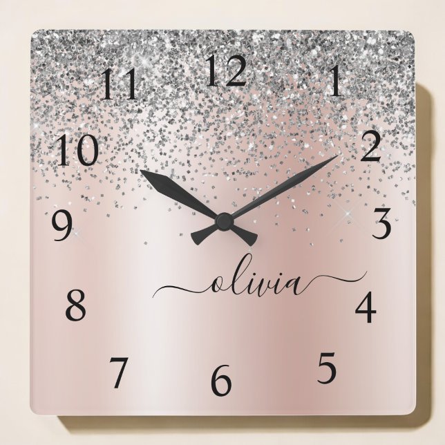 Rose Gold - Blush Pink Silver Glitter Monogram Square Wall Clock (Creator Uploaded)