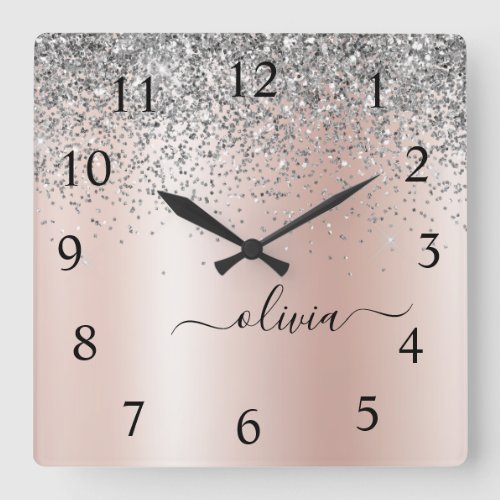 Rose Gold _ Blush Pink Silver Glitter Monogram Square Wall Clock