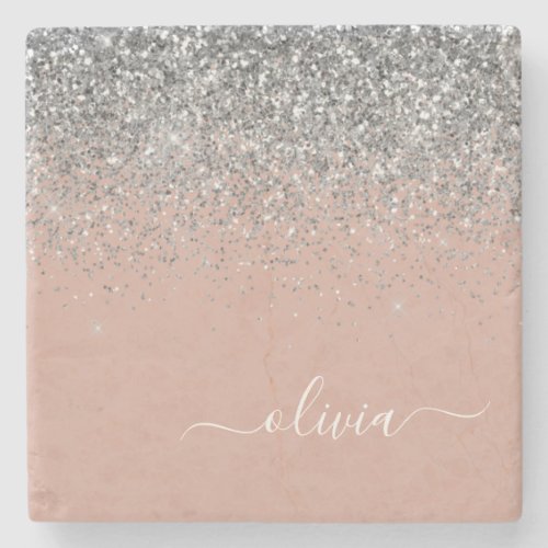 Rose Gold Blush Pink Silver Glitter Monogram Stone Coaster