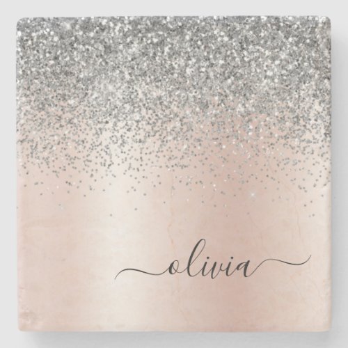 Rose Gold _ Blush Pink Silver Glitter Monogram Stone Coaster