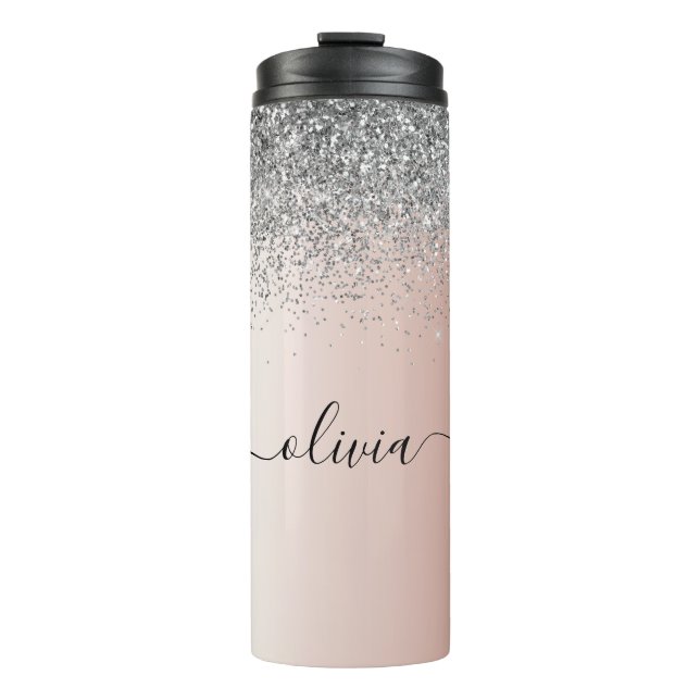 Rose Gold - Blush Pink Silver Glitter Monogram Thermal Tumbler (Front)