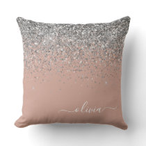 Rose Gold Blush Pink Silver Glitter Monogram Throw Pillow