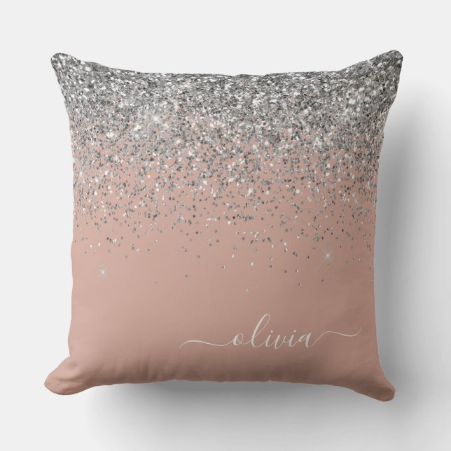 Rose Gold Blush Pink Silver Glitter Monogram Throw Pillow (Front)