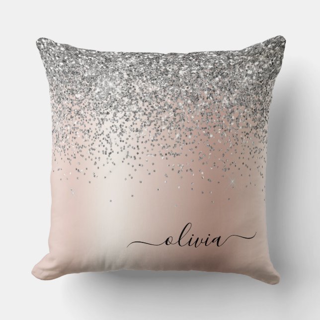 Rose Gold - Blush Pink Silver Glitter Monogram Throw Pillow (Front)