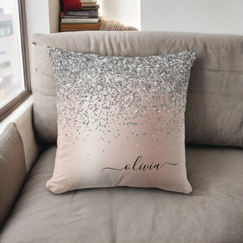Rose Gold _ Blush Pink Silver Glitter Monogram Throw Pillow