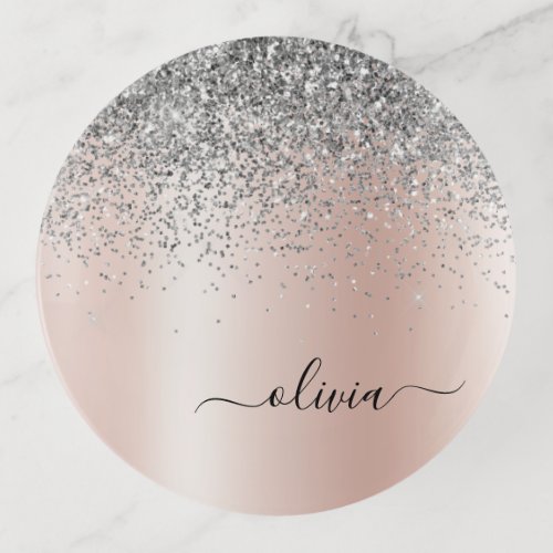 Rose Gold _ Blush Pink Silver Glitter Monogram Trinket Tray