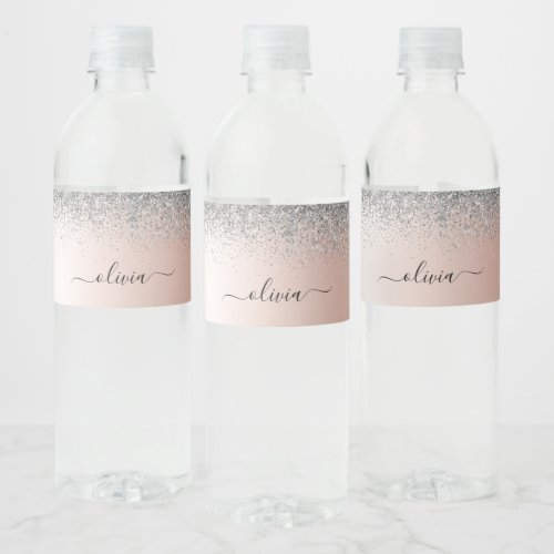 Rose Gold _ Blush Pink Silver Glitter Monogram Water Bottle Label