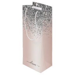 Rose Gold - Blush Pink Silver Glitter Monogram Wine Gift Bag
