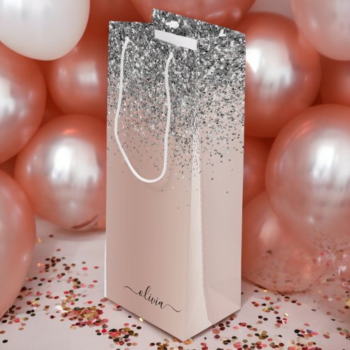 Rose Gold _ Blush Pink Silver Glitter Monogram Wine Gift Bag