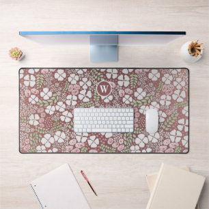 Rose Gold Blush Pink Small Roses White Flowers Desk Mat