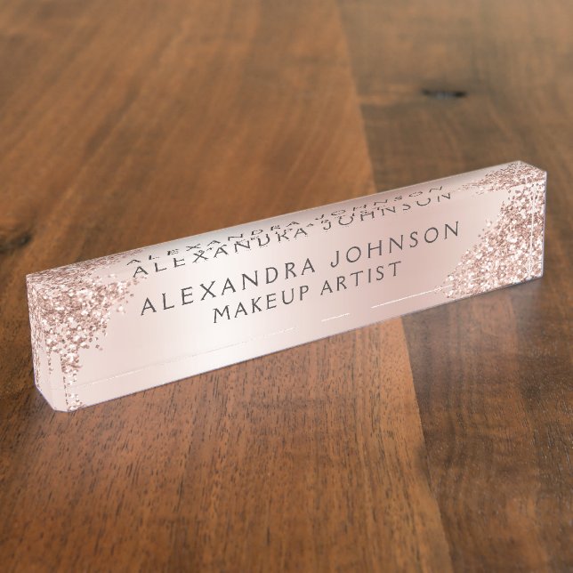 Rose Gold Blush Pink Sparkle Glitter Girly Desk Name Plate (Side)