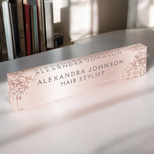 Rose Gold Blush Pink Sparkle Glitter Girly Desk Name Plate