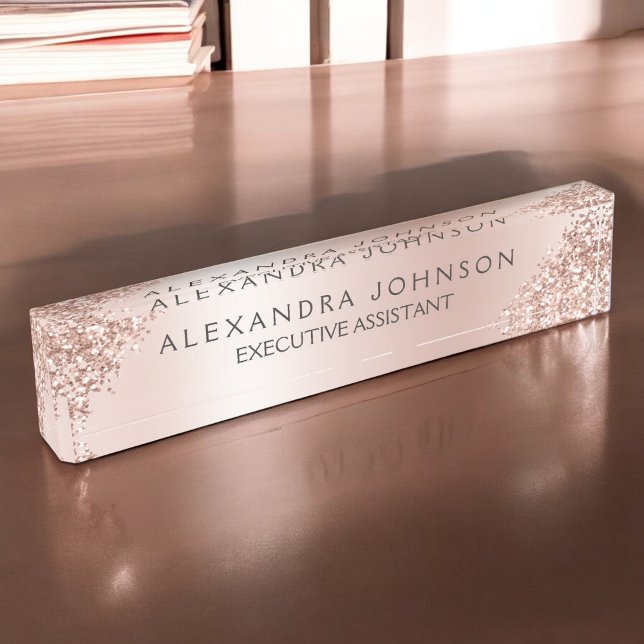 Rose Gold Blush Pink Sparkle Glitter Girly Desk Name Plate (Creator Uploaded)