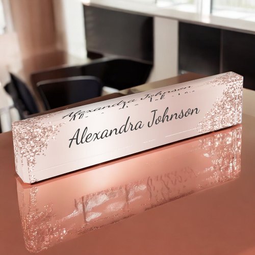 Rose Gold Blush Pink Sparkle Glitter Girly Desk Name Plate