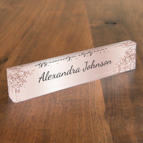 Rose Gold Blush Pink Sparkle Glitter Girly Desk Name Plate