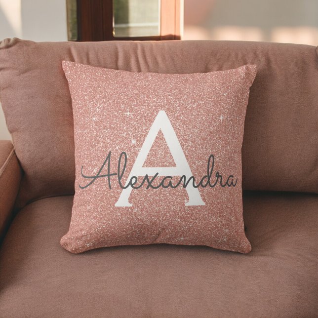 Rose Gold - Blush Pink Sparkle Glitter Monogram Throw Pillow (Creator Uploaded)