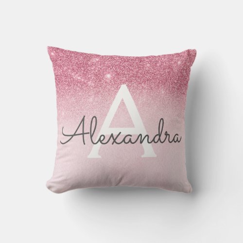 Rose Gold _ Blush Pink Sparkle Glitter Monogram Throw Pillow