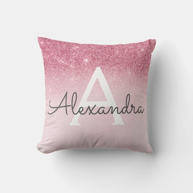 Rose Gold - Blush Pink Sparkle Glitter Monogram Throw Pillow (Front)
