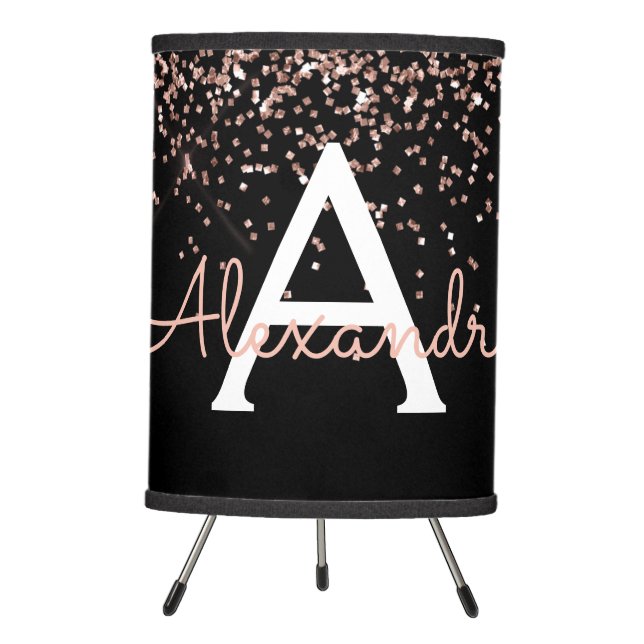 Rose Gold - Blush Pink Sparkle Glitter Monogram Tripod Lamp (Front)