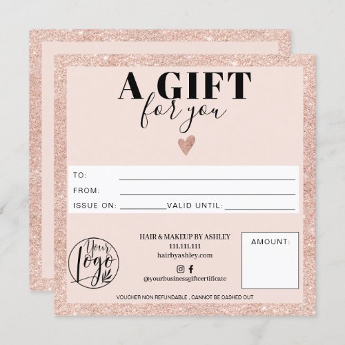 Rose gold blush pink square gift certificate logo