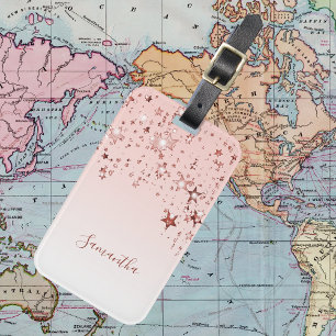 Rose gold blush pink stars monogram script luggage tag