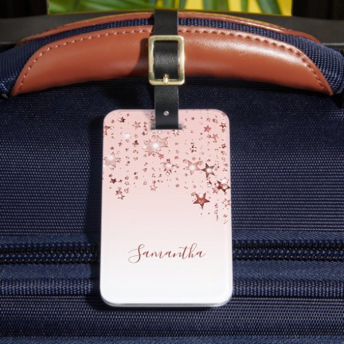 Rose gold blush pink stars name script luggage tag